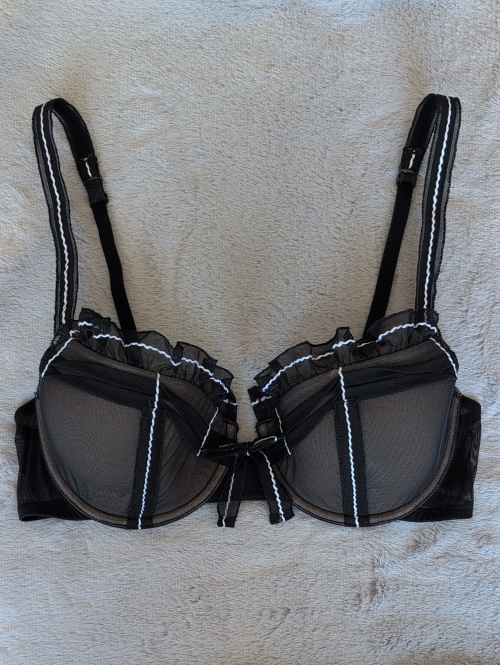 Black Mesh Ruffle-Trim Underwire Bra with Nude Lining And Contrast Stitching